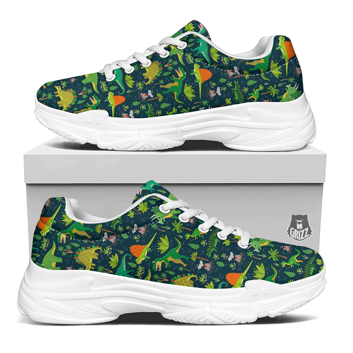 Prehistoric Plants And Dinosaur Print White Chunky Shoes-grizzshop