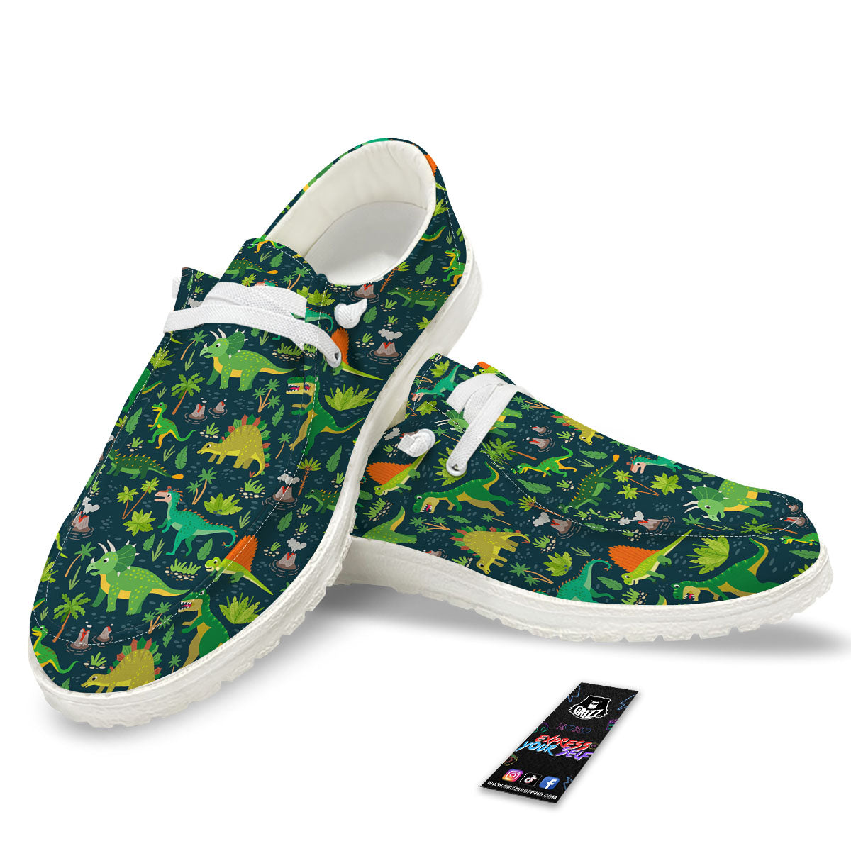 Prehistoric Plants And Dinosaur Print White Loafers-grizzshop