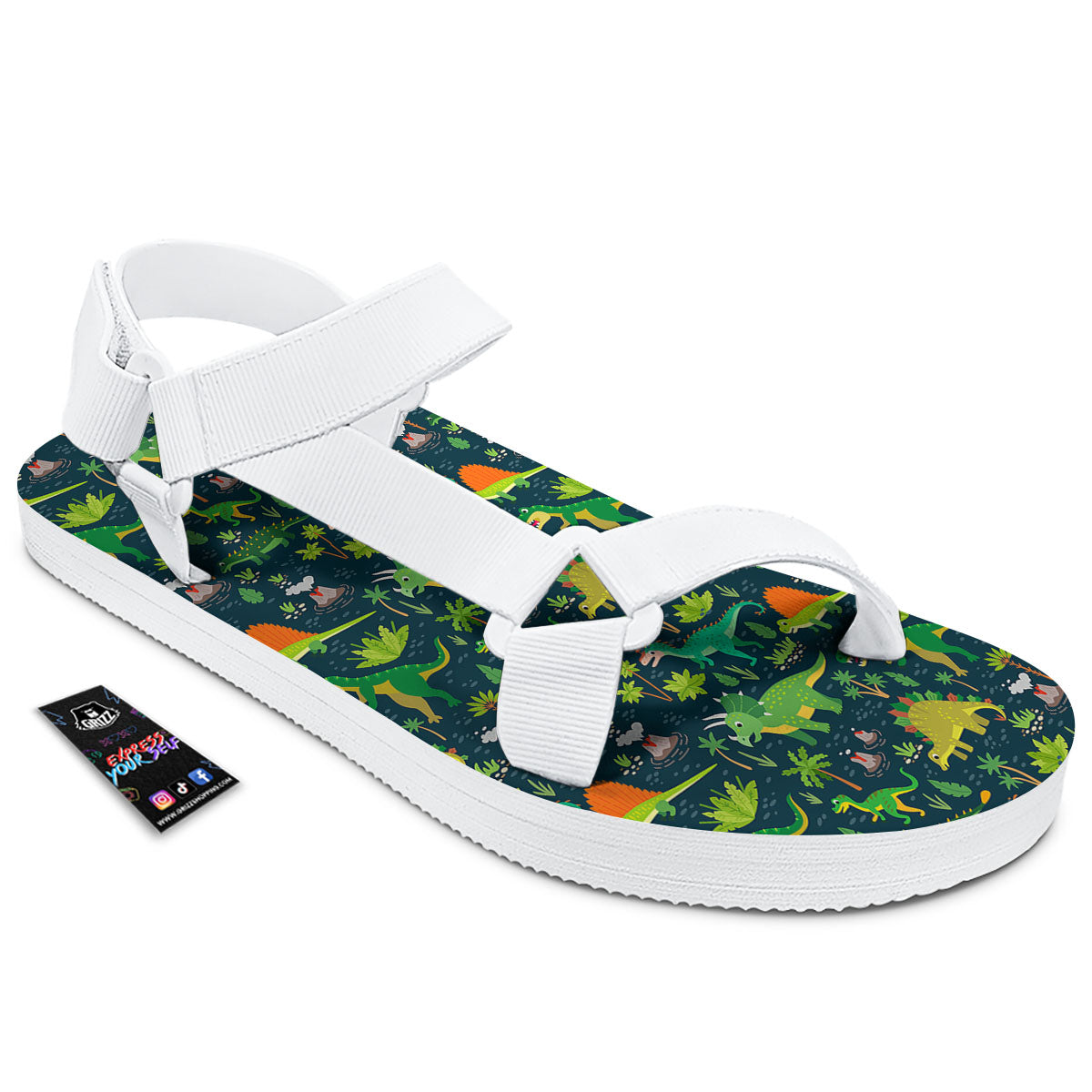 Prehistoric Plants And Dinosaur Print White Open Toe Sandals-grizzshop