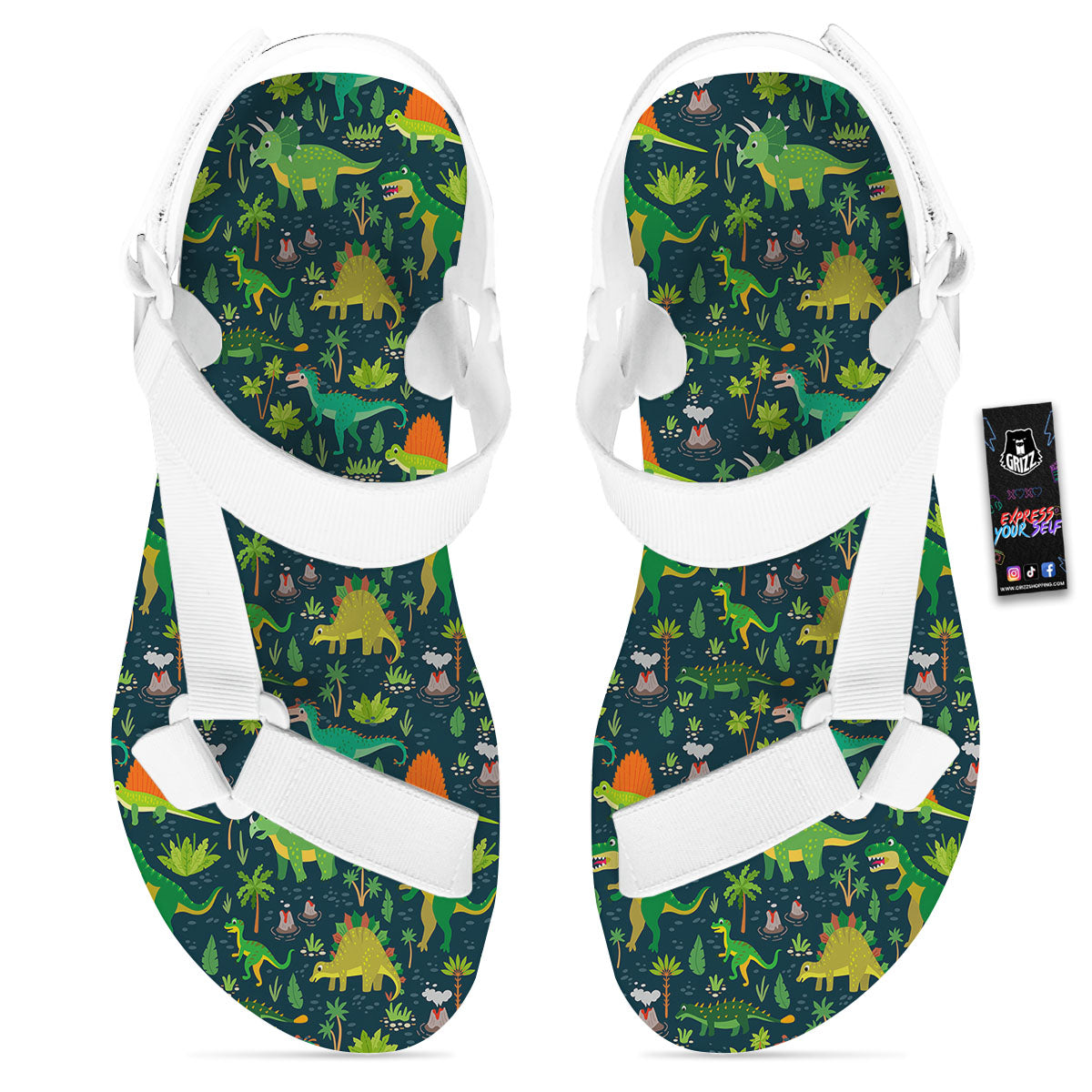 Prehistoric Plants And Dinosaur Print White Open Toe Sandals-grizzshop