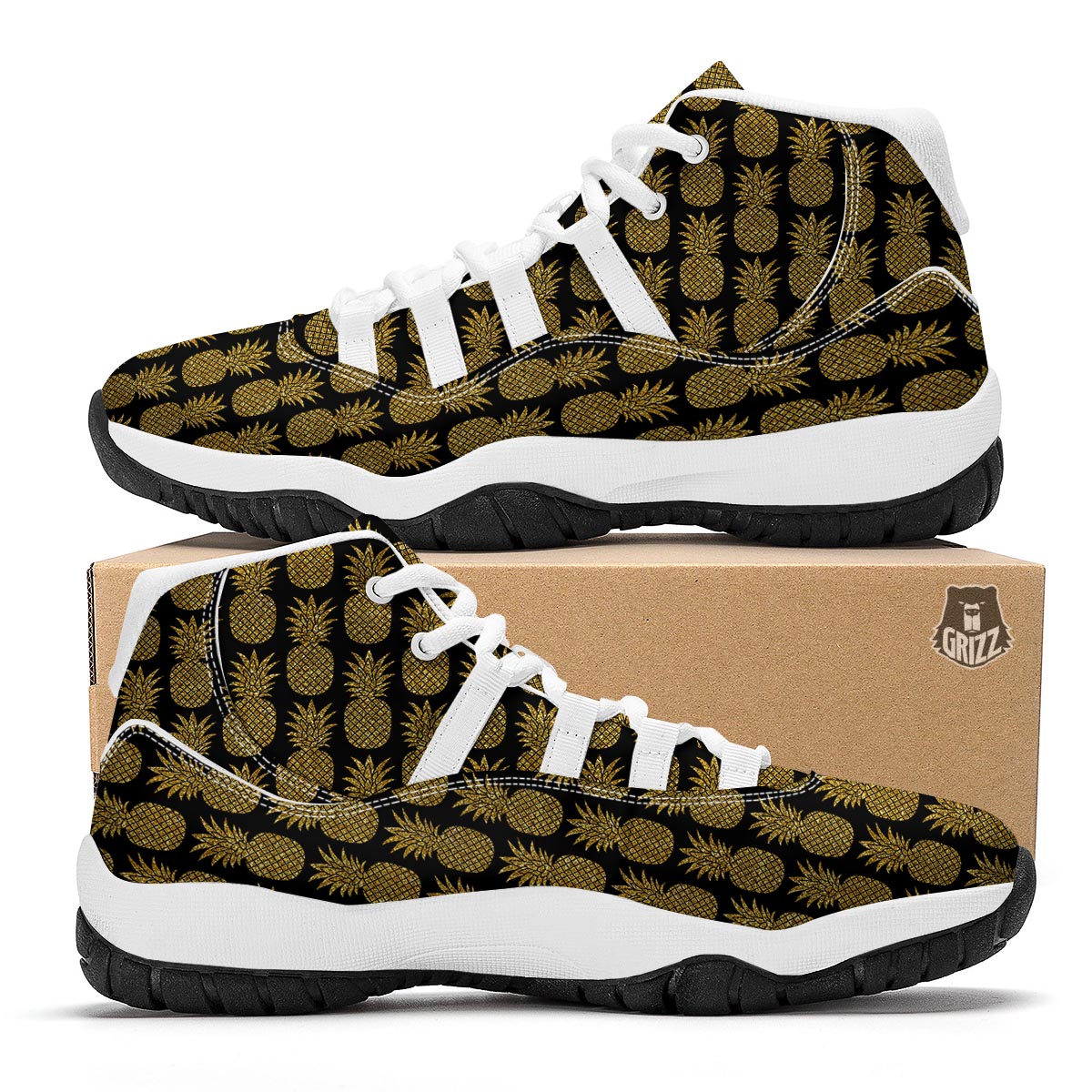Premium Golden Pineapple Print White Bball Shoes-grizzshop