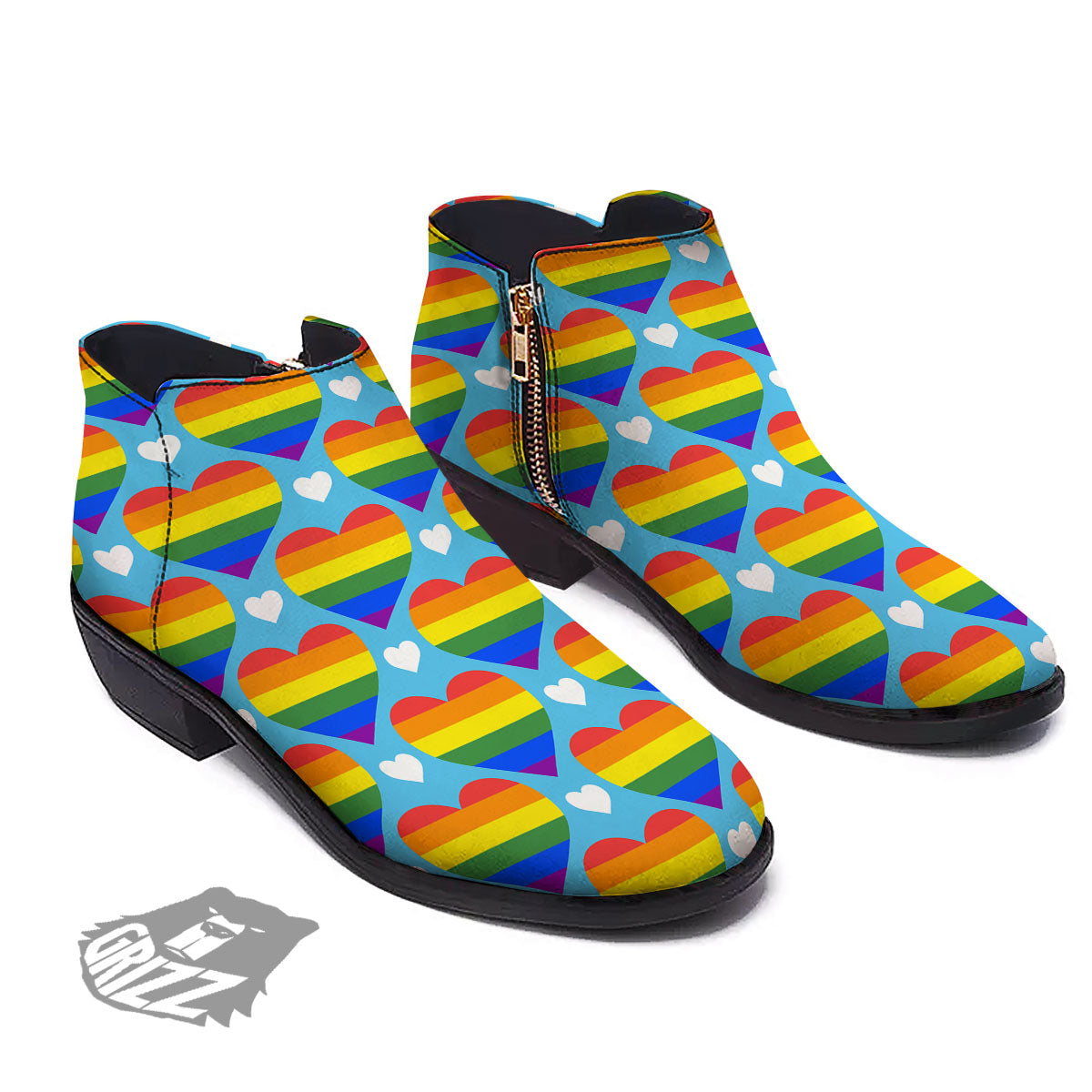 Pride Heart Rainbow LGBT Print Pattern Ankle Boots-grizzshop