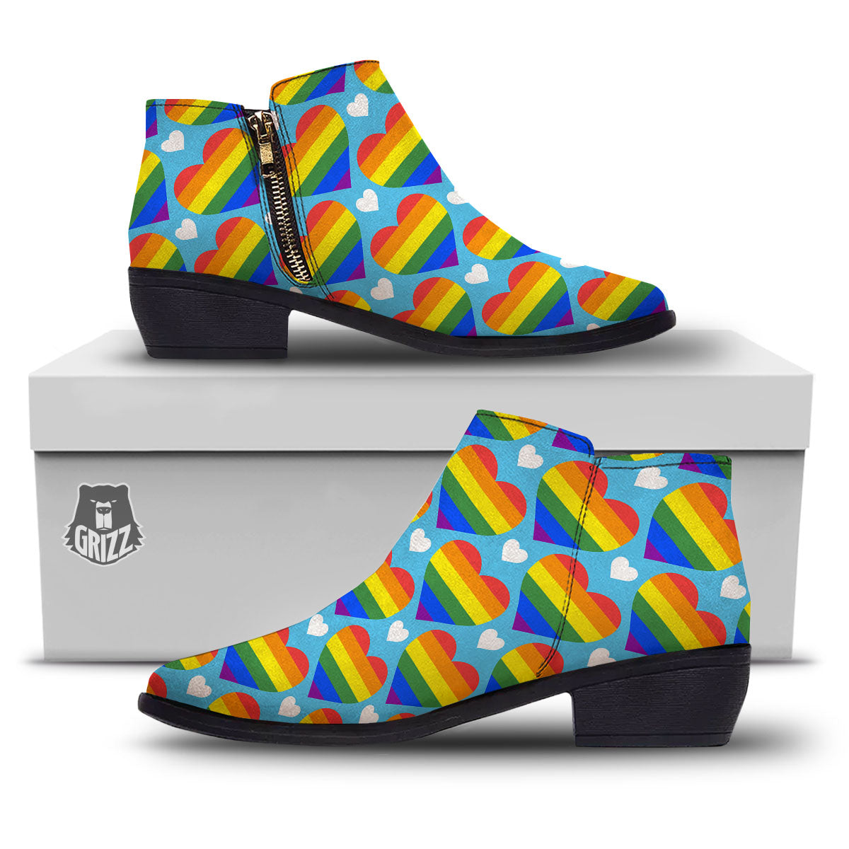 Pride Heart Rainbow LGBT Print Pattern Ankle Boots-grizzshop