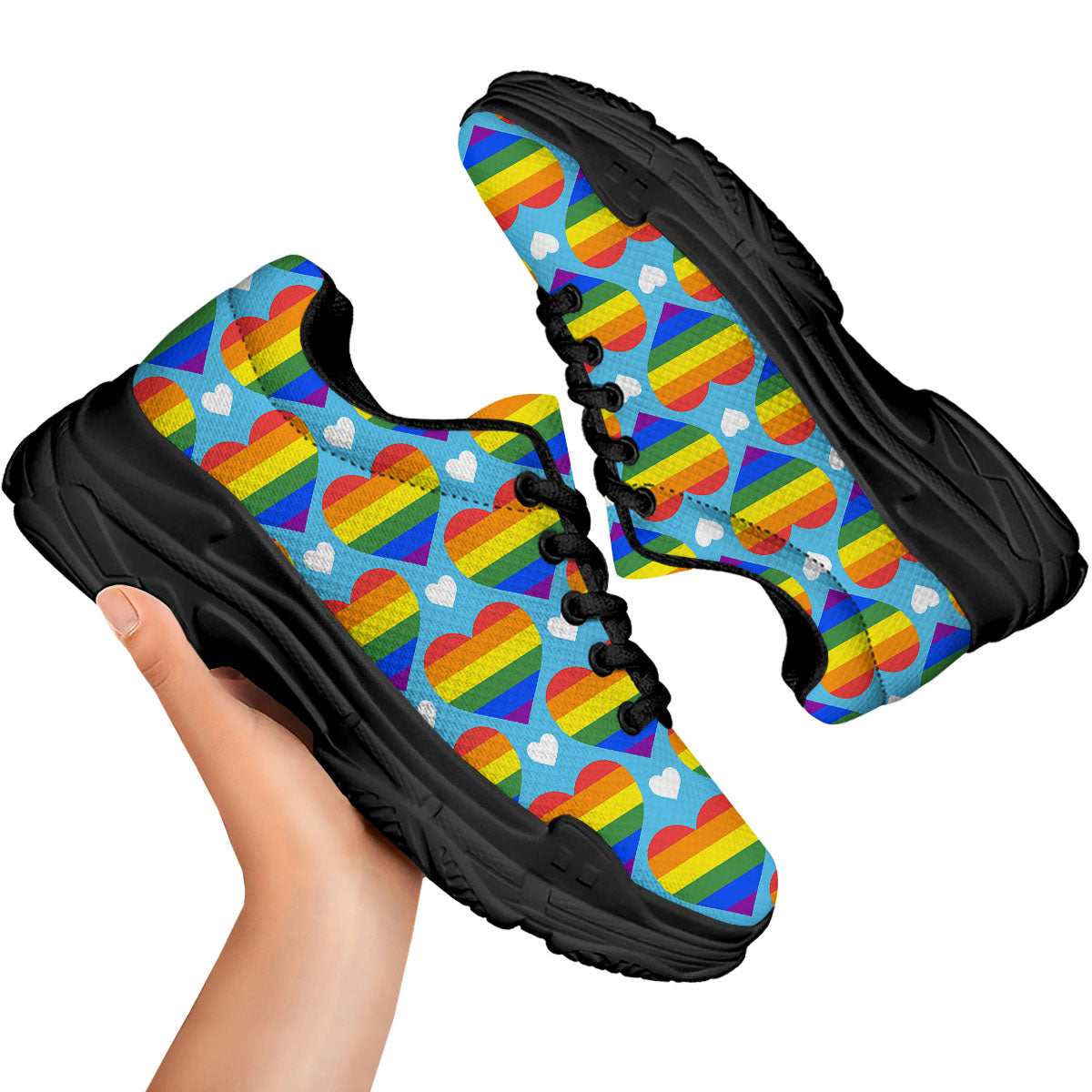 Pride Heart Rainbow LGBT Print Pattern Black Chunky Shoes-grizzshop