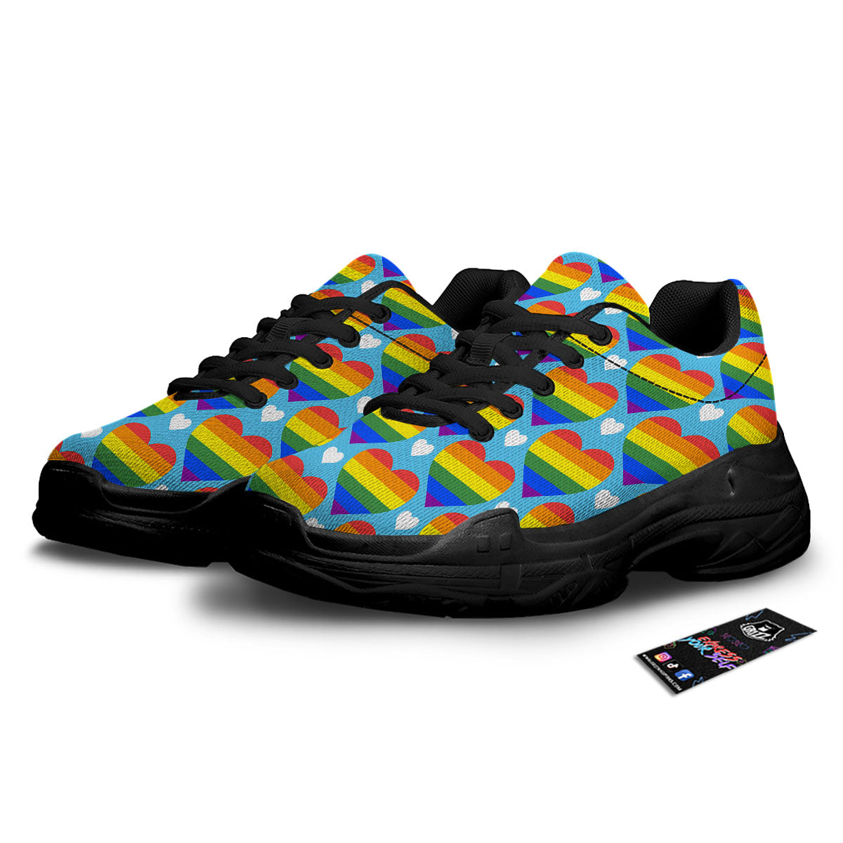 Pride Heart Rainbow LGBT Print Pattern Black Chunky Shoes-grizzshop