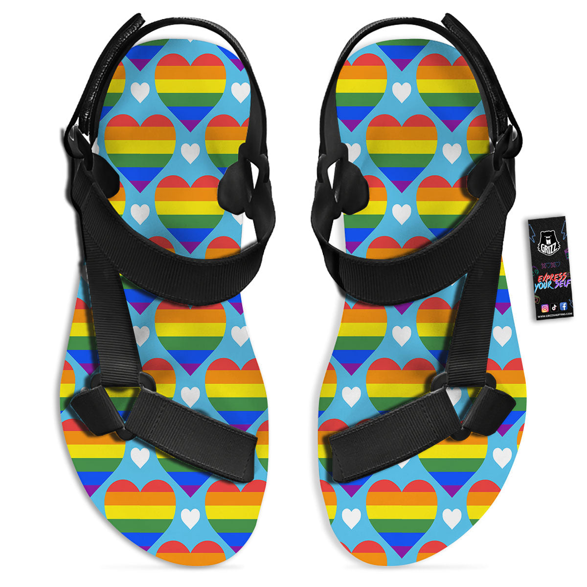 Pride Heart Rainbow LGBT Print Pattern Black Open Toe Sandals-grizzshop