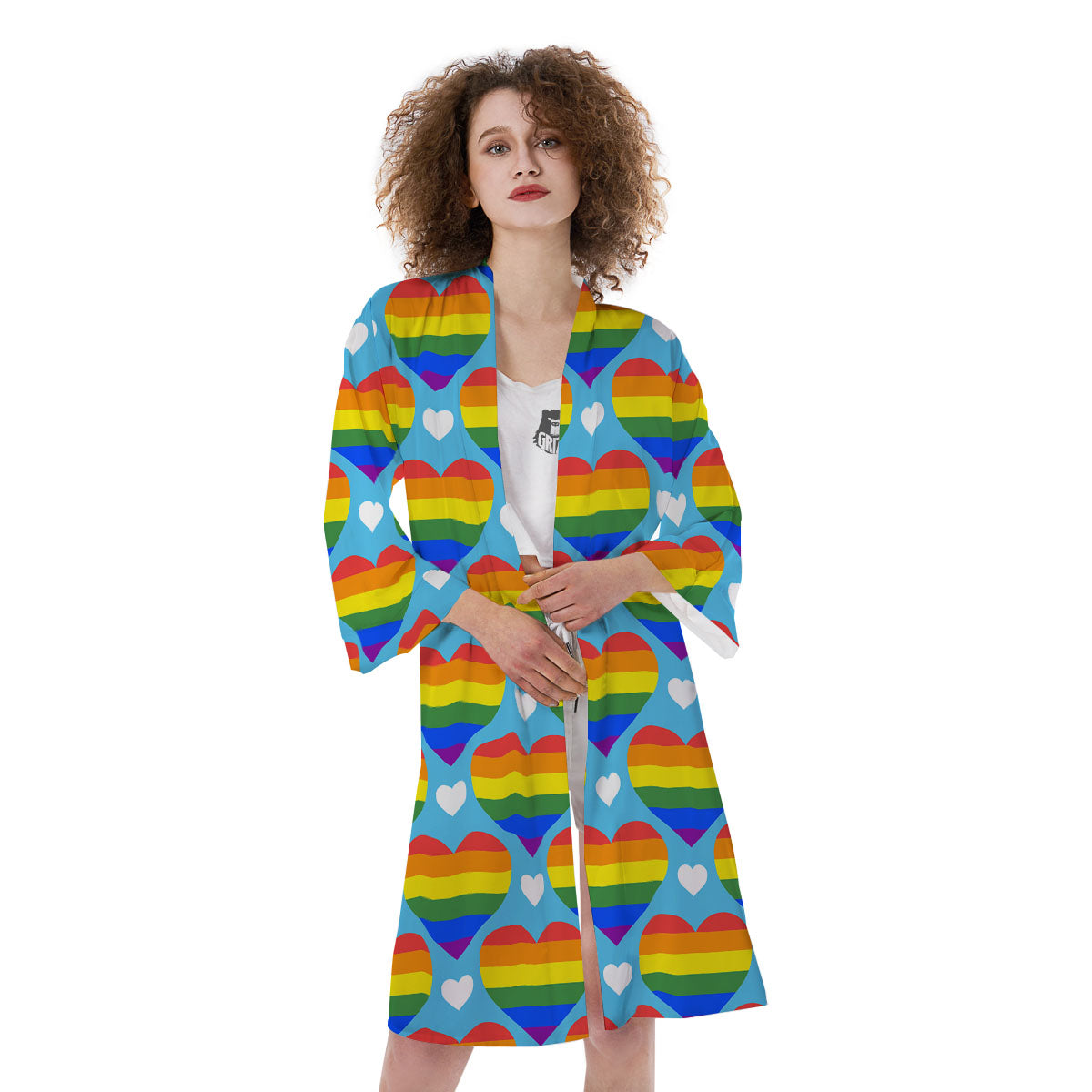 Pride Heart Rainbow LGBT Print Pattern Kimono-grizzshop