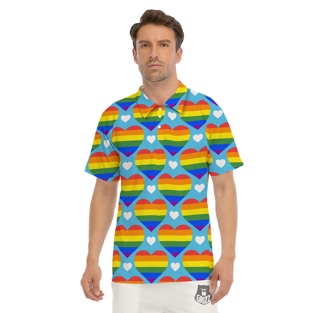 Pride Heart Rainbow LGBT Print Pattern Men's Golf Shirts-grizzshop