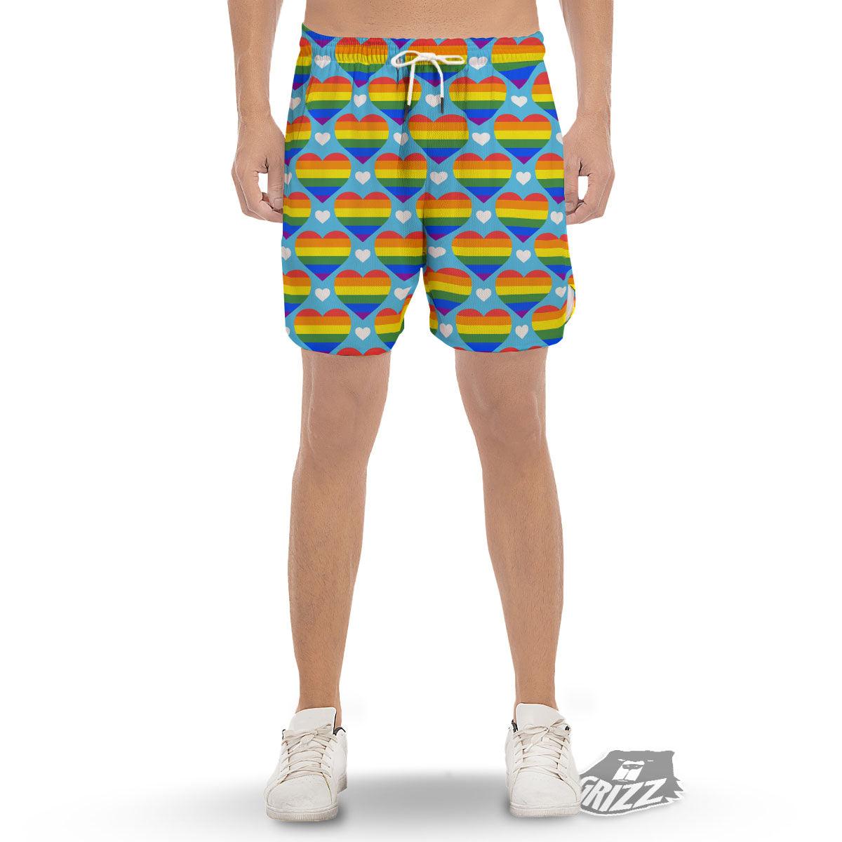 Pride Heart Rainbow LGBT Print Pattern Men's Gym Shorts-grizzshop