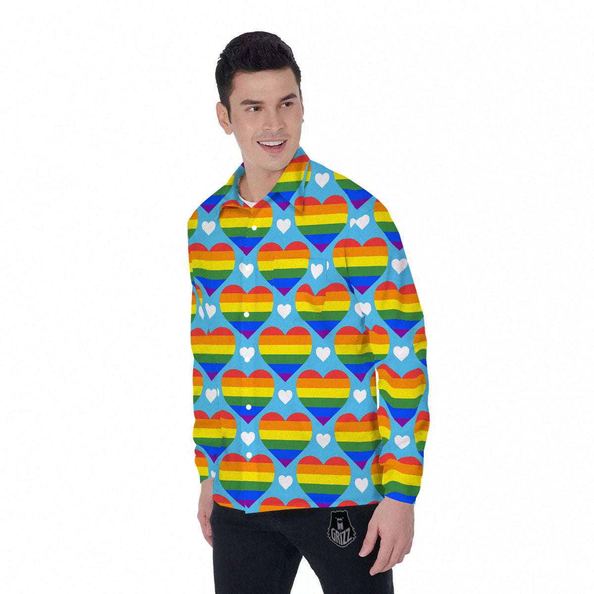 Pride Heart Rainbow LGBT Print Pattern Men's Long Sleeve Shirts-grizzshop