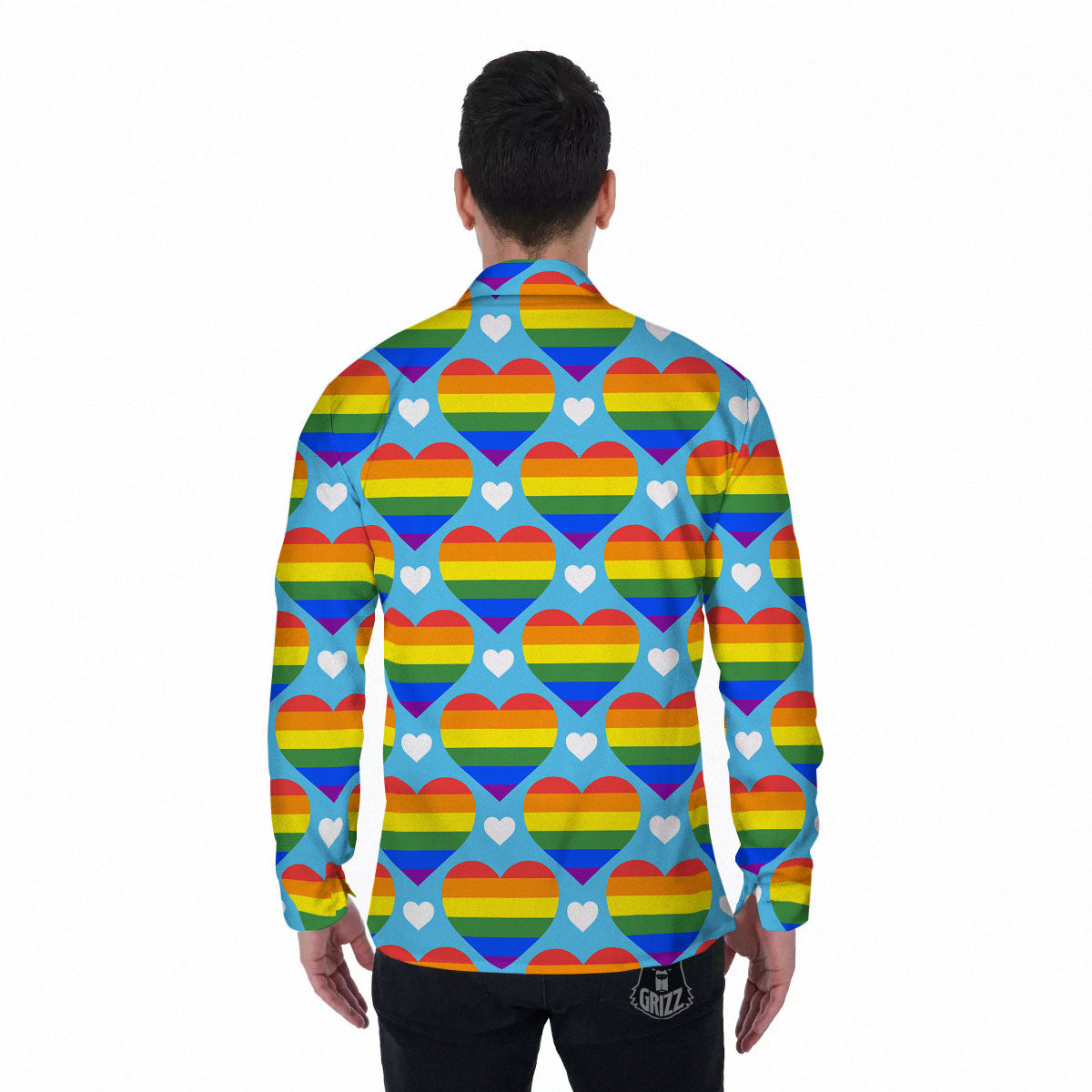 Pride Heart Rainbow LGBT Print Pattern Men's Long Sleeve Shirts-grizzshop