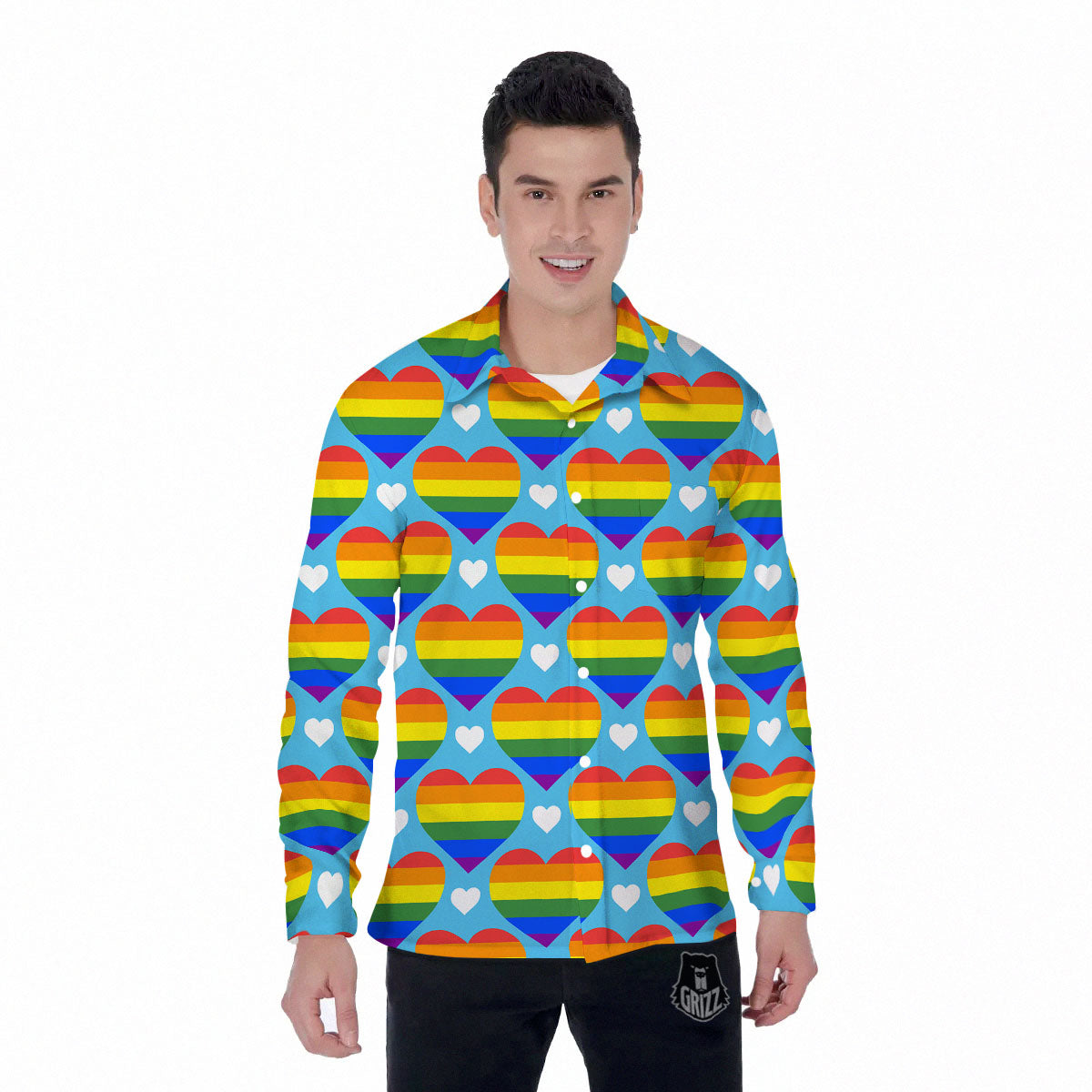 Pride Heart Rainbow LGBT Print Pattern Men's Long Sleeve Shirts-grizzshop