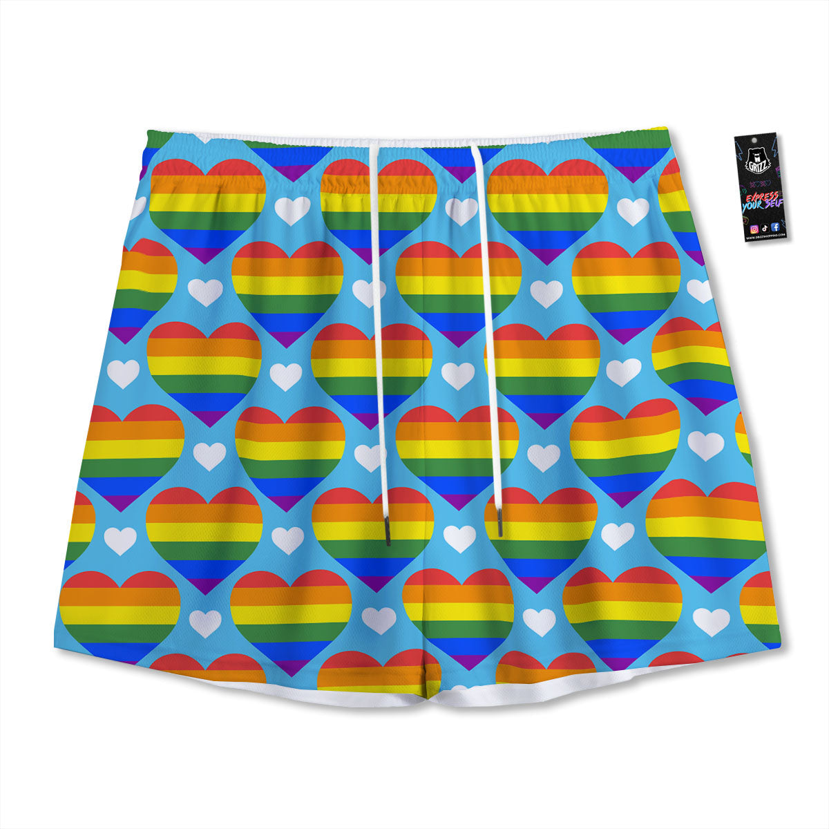 Pride Heart Rainbow LGBT Print Pattern Mesh Shorts