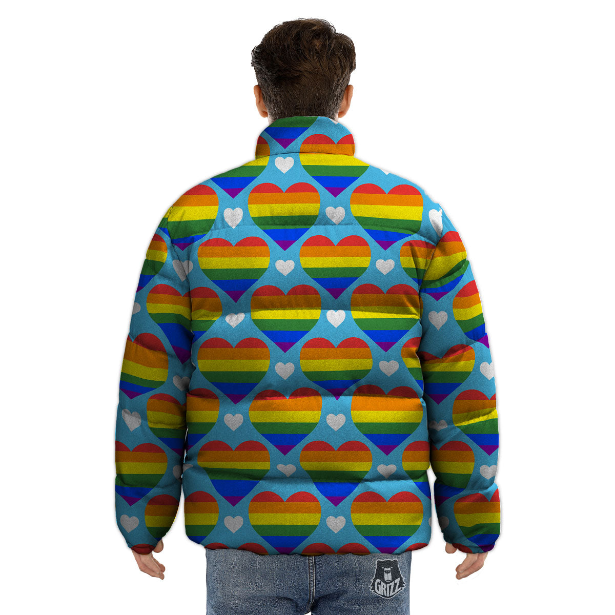 Pride Heart Rainbow LGBT Print Pattern Puffer Jacket-grizzshop