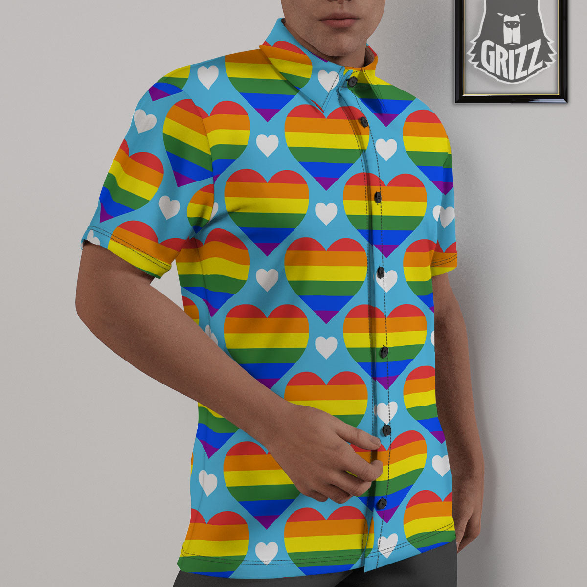 Pride Heart Rainbow LGBT Print Pattern Untucked Shirts-grizzshop