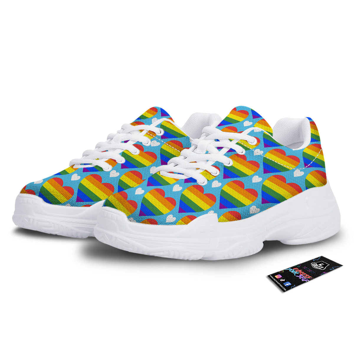 Pride Heart Rainbow LGBT Print Pattern White Chunky Shoes-grizzshop