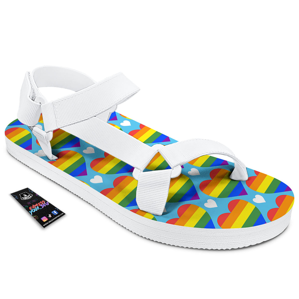 Pride Heart Rainbow LGBT Print Pattern White Open Toe Sandals-grizzshop