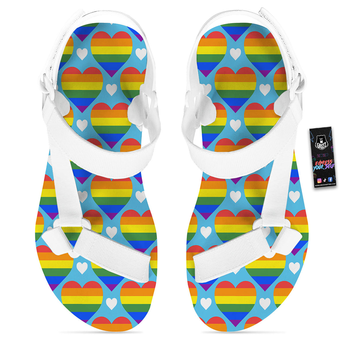 Pride Heart Rainbow LGBT Print Pattern White Open Toe Sandals-grizzshop