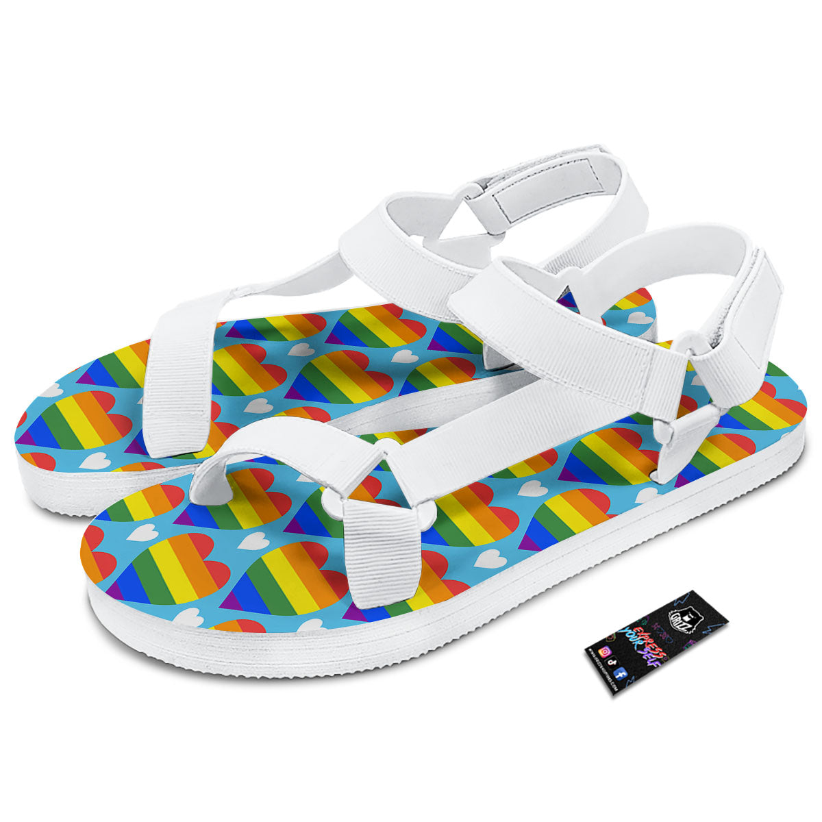 Pride Heart Rainbow LGBT Print Pattern White Open Toe Sandals-grizzshop