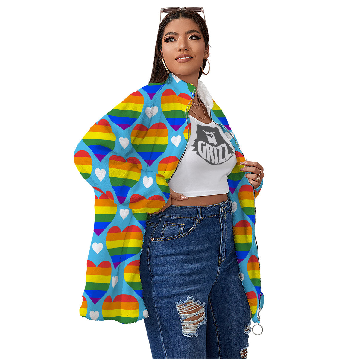 Pride Heart Rainbow LGBT Print Pattern Women's Sherpa Jacket-grizzshop