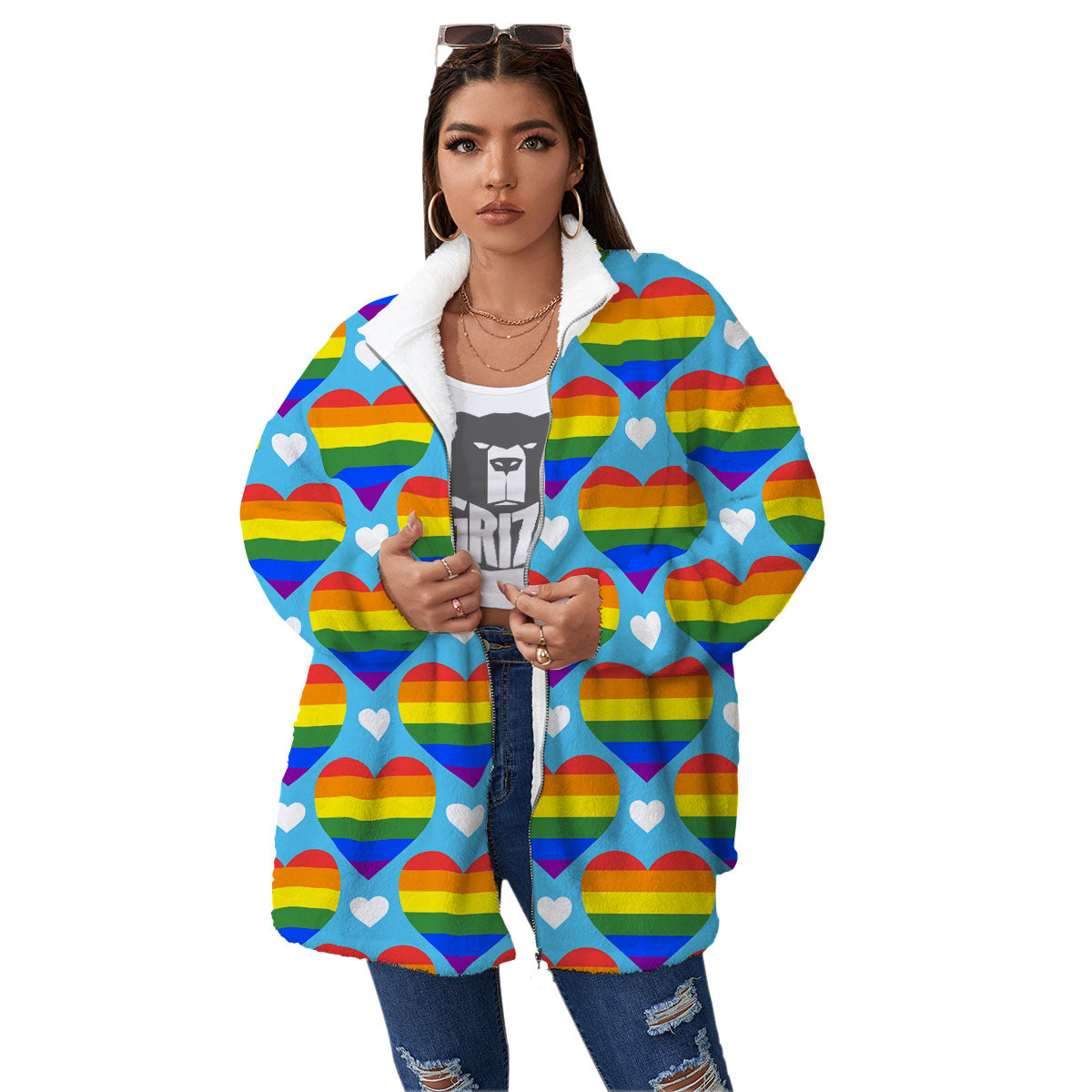 Pride Heart Rainbow LGBT Print Pattern Women's Sherpa Jacket-grizzshop