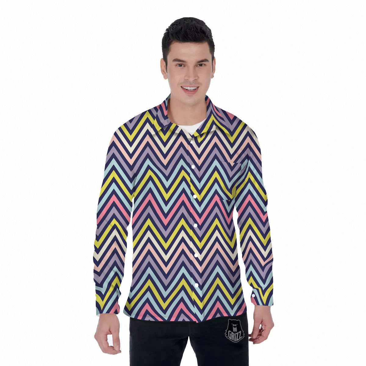 Pride Zigzag Rainbow Gay Print Pattern Men's Long Sleeve Shirts-grizzshop