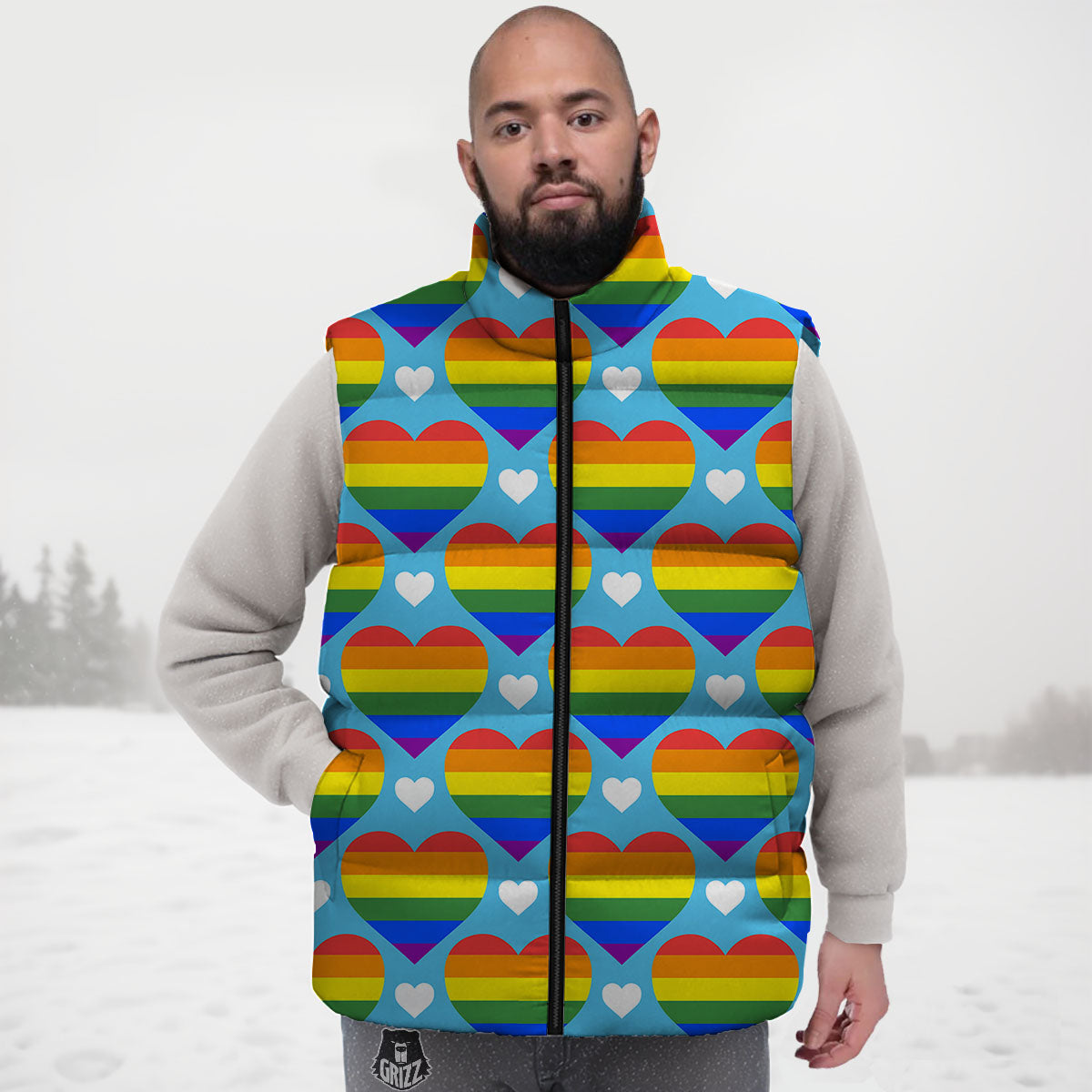 Pride Heart Rainbow LGBT Print Pattern Down Vest