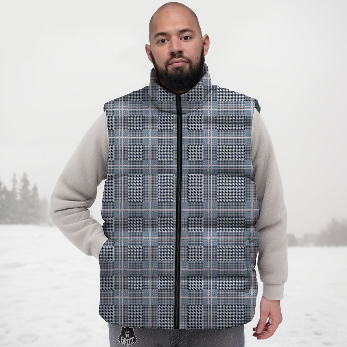 Prince of Wales Navy Blue Check Print Down Vest
