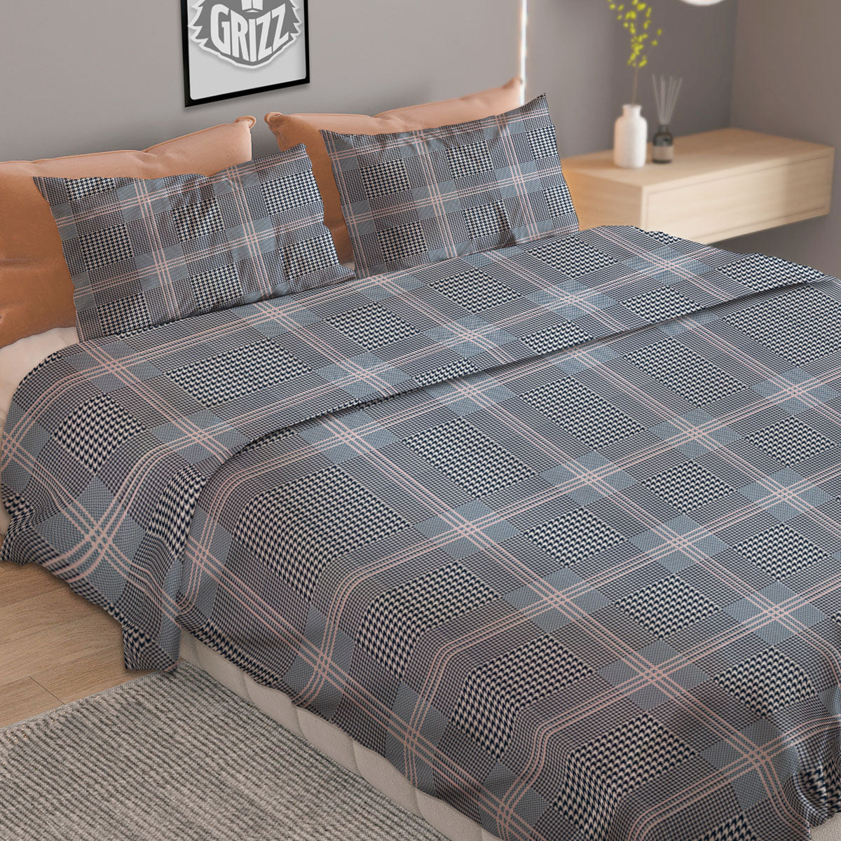 Prince of Wales Navy Blue Check Print Duvet Cover Bedding Set