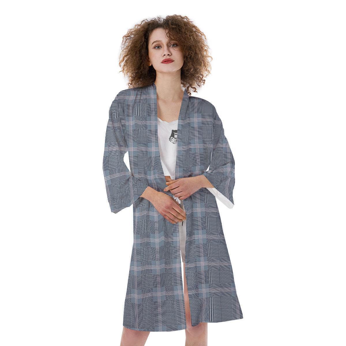 Prince of Wales Navy Blue Check Print Kimono-grizzshop