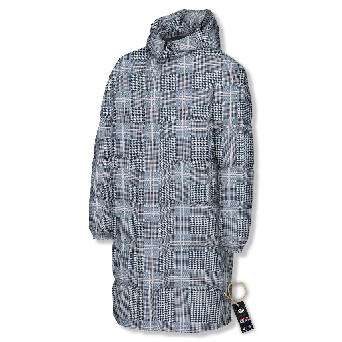 Prince of Wales Navy Blue Check Print Long Down Jacket-grizzshop