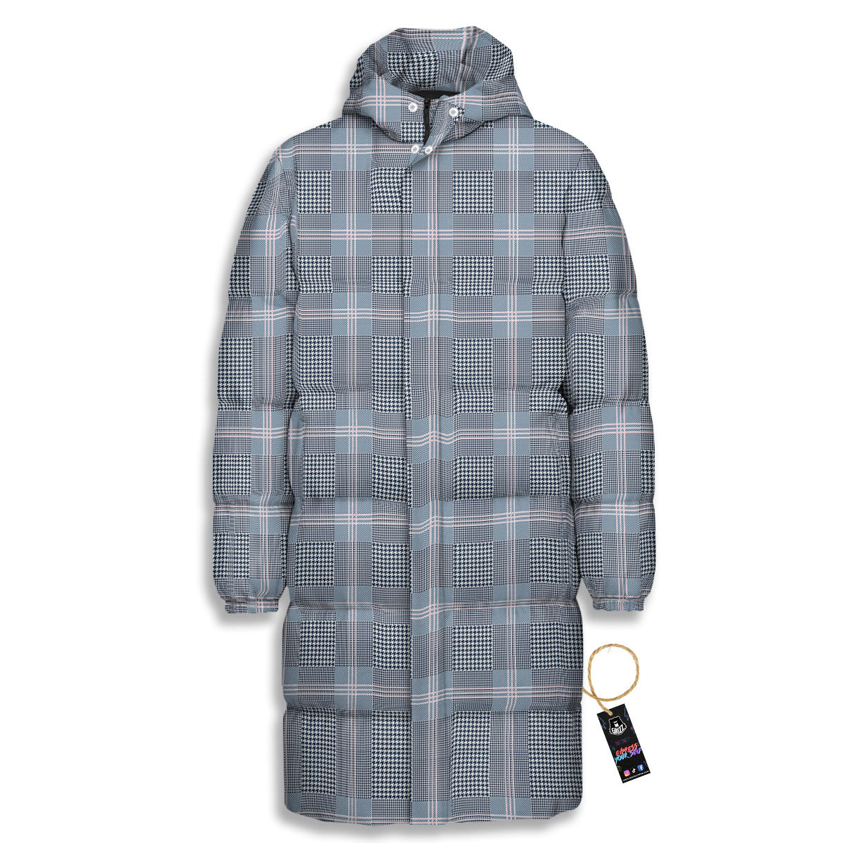 Prince of Wales Navy Blue Check Print Long Down Jacket-grizzshop
