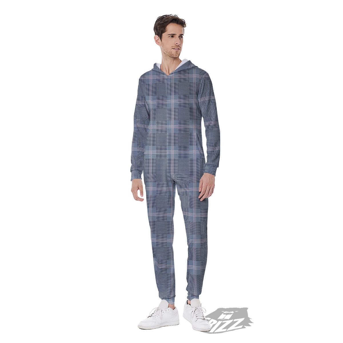 Prince of Wales Navy Blue Check Print Men's Jumpsuit-grizzshop