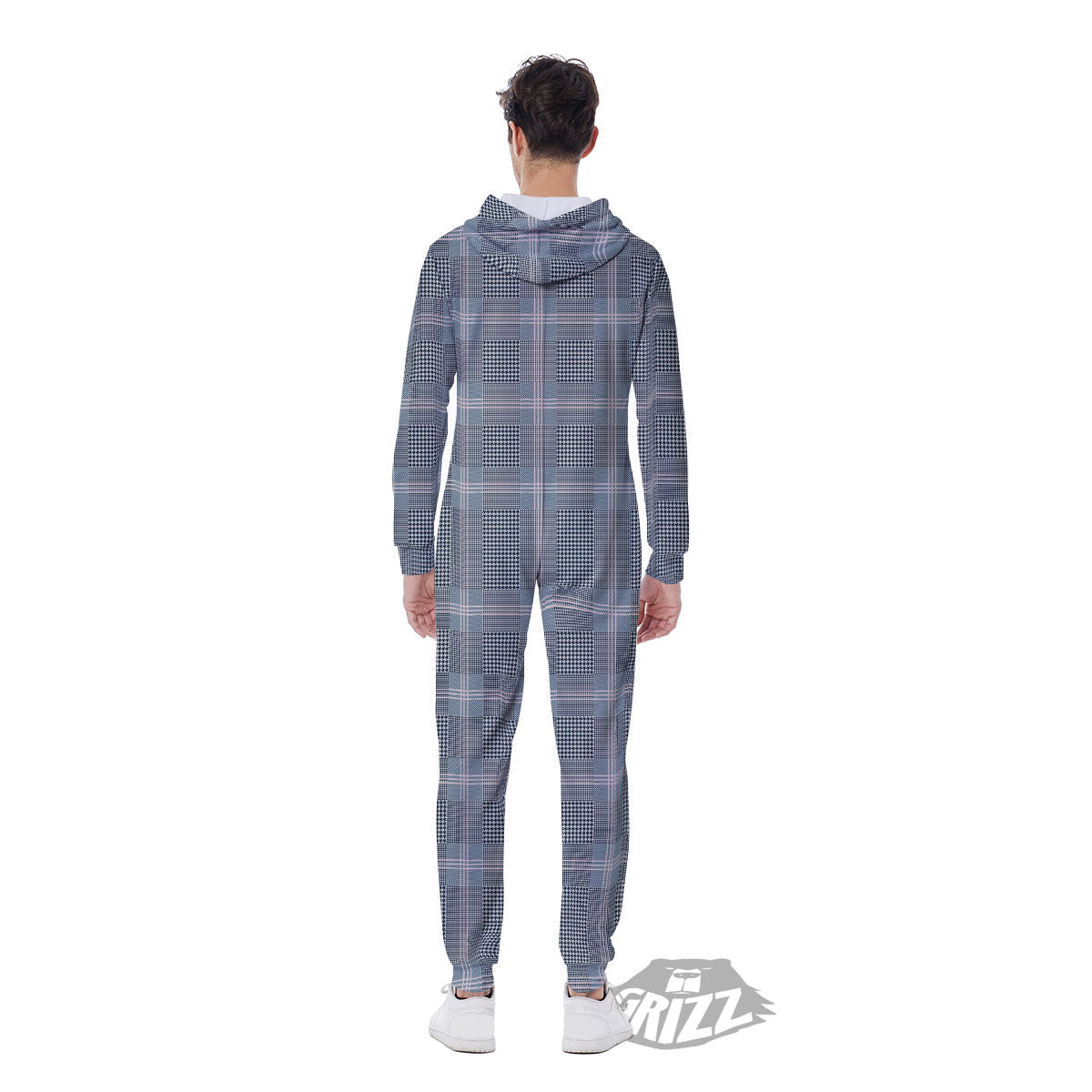 Prince of Wales Navy Blue Check Print Men's Jumpsuit-grizzshop