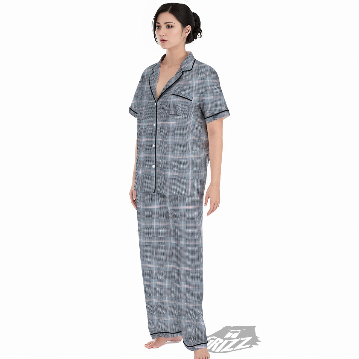 Prince of Wales Navy Blue Check Print Women's Pajamas Set-grizzshop