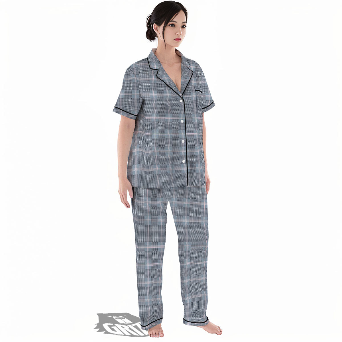 Prince of Wales Navy Blue Check Print Women's Pajamas Set-grizzshop