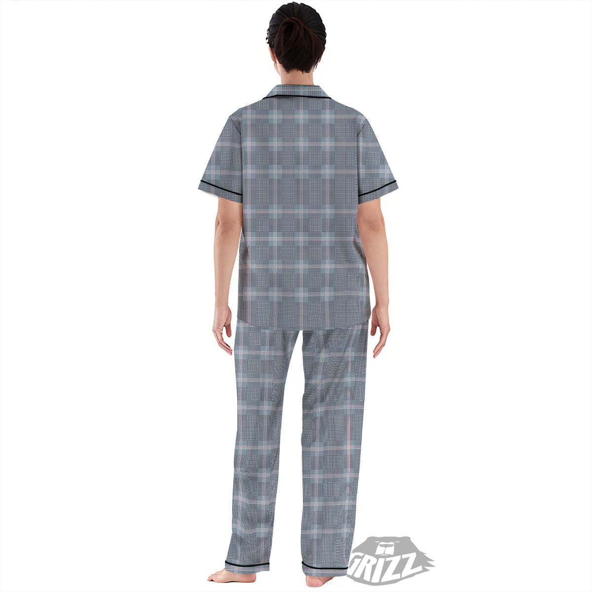 Prince of Wales Navy Blue Check Print Women's Pajamas Set-grizzshop