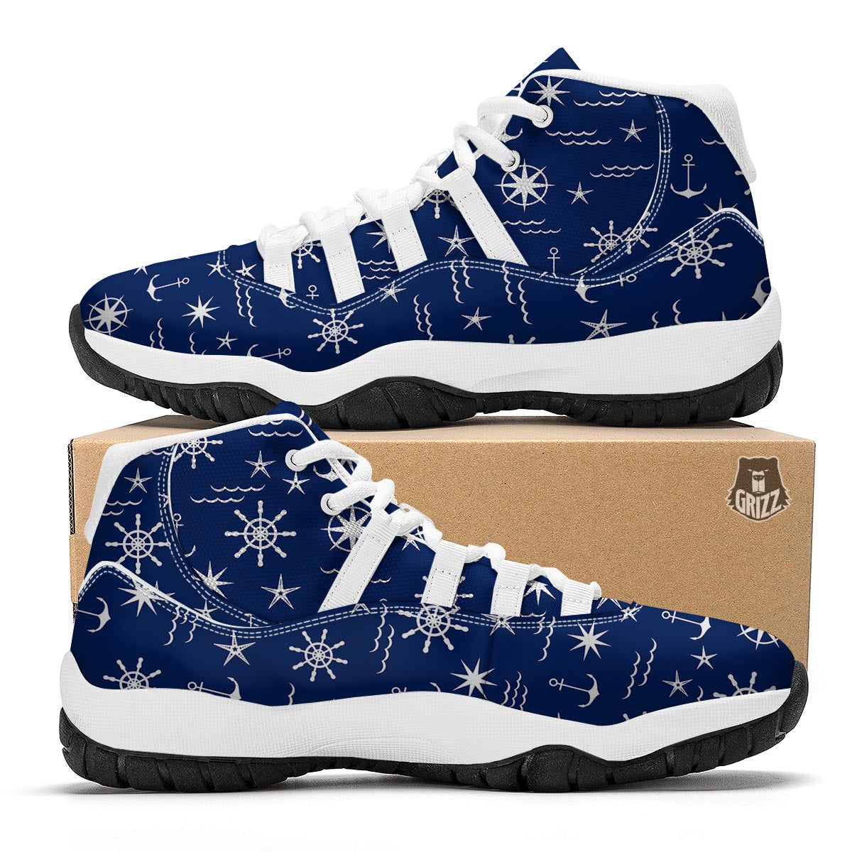 Print Pattern Anchor Nautical White Bball Shoes-grizzshop