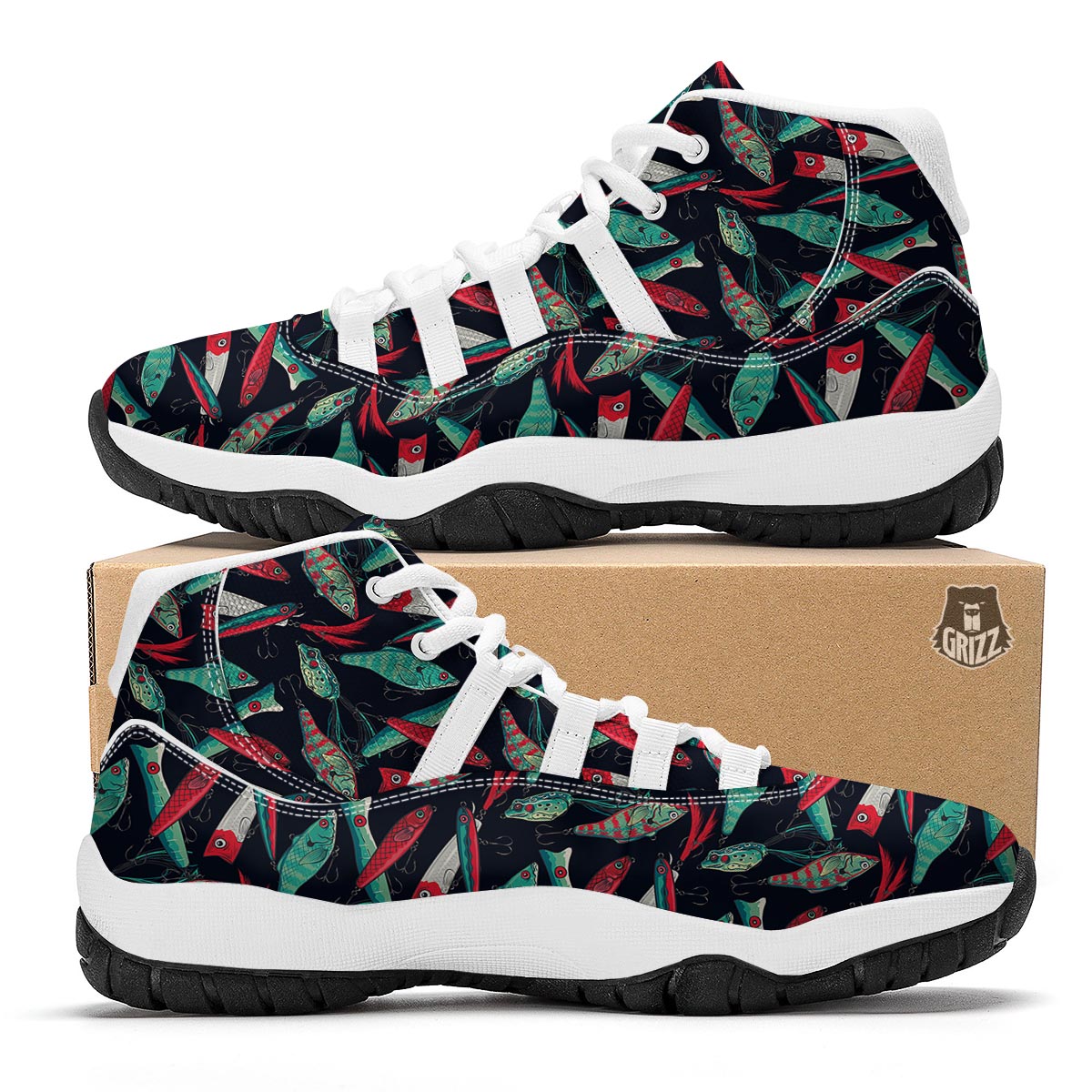 Print Pattern Bass Fishing Bait White Bball Shoes-grizzshop