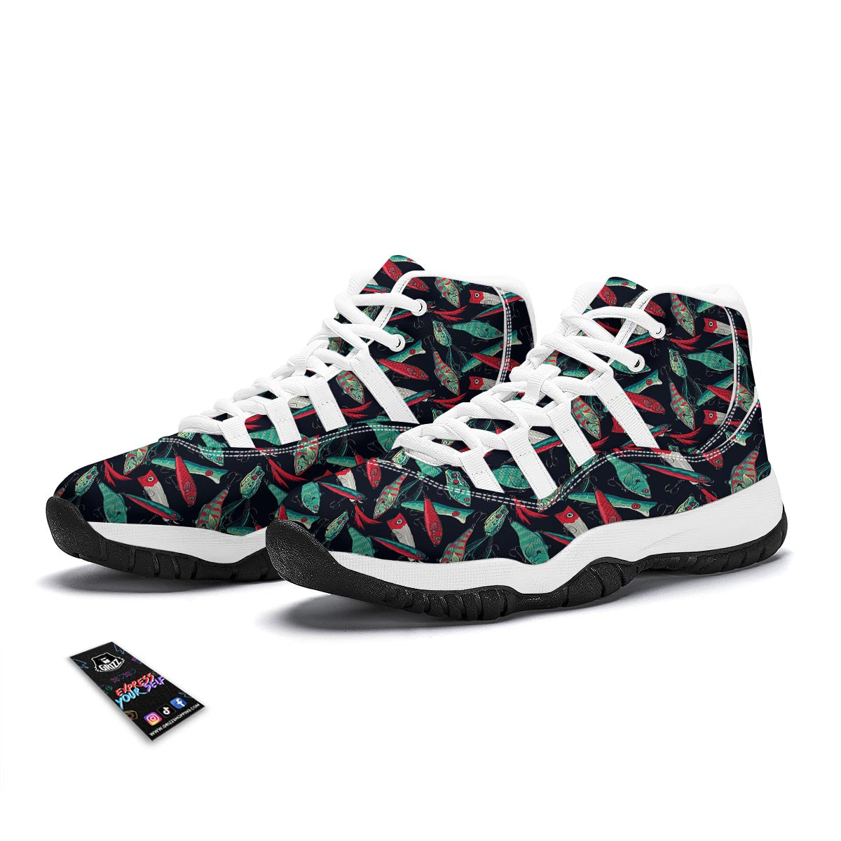 Print Pattern Bass Fishing Bait White Bball Shoes-grizzshop