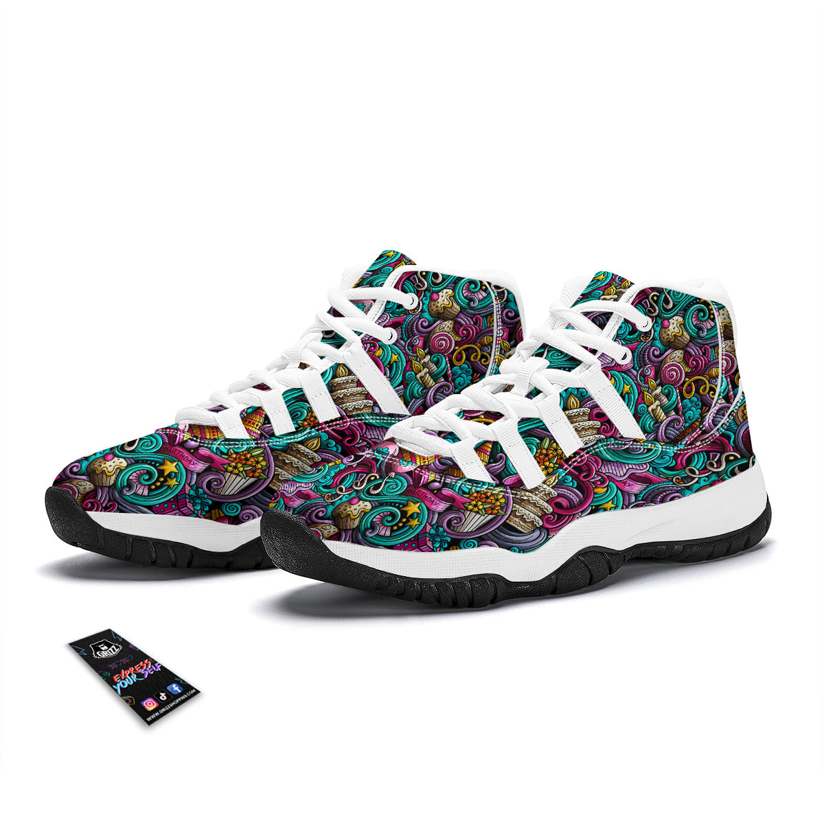 Print Pattern Birthday White Bball Shoes-grizzshop