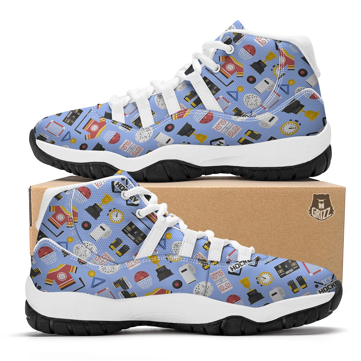 Print Pattern Hockey White Bball Shoes-grizzshop