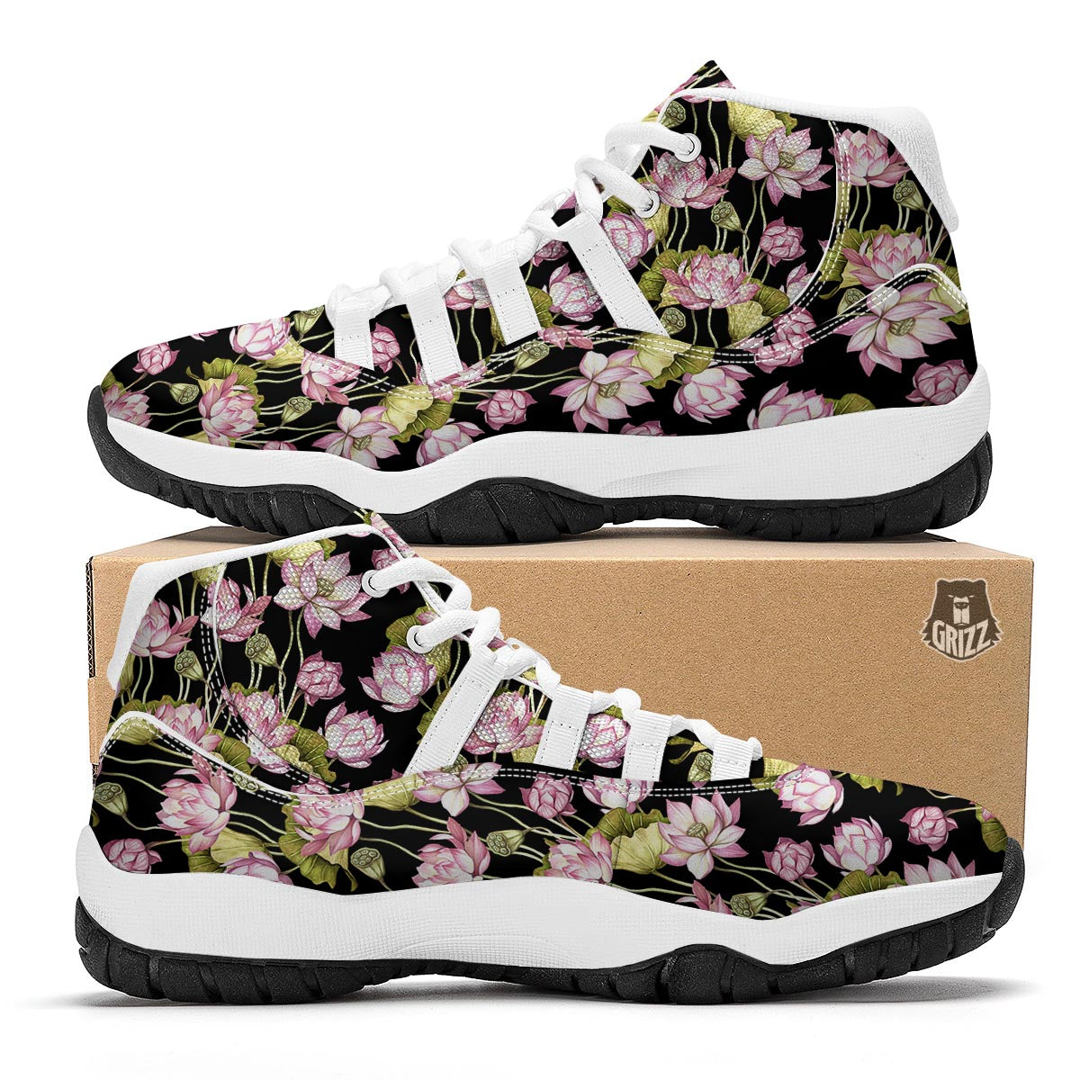 Print Pattern Lotus White Bball Shoes-grizzshop