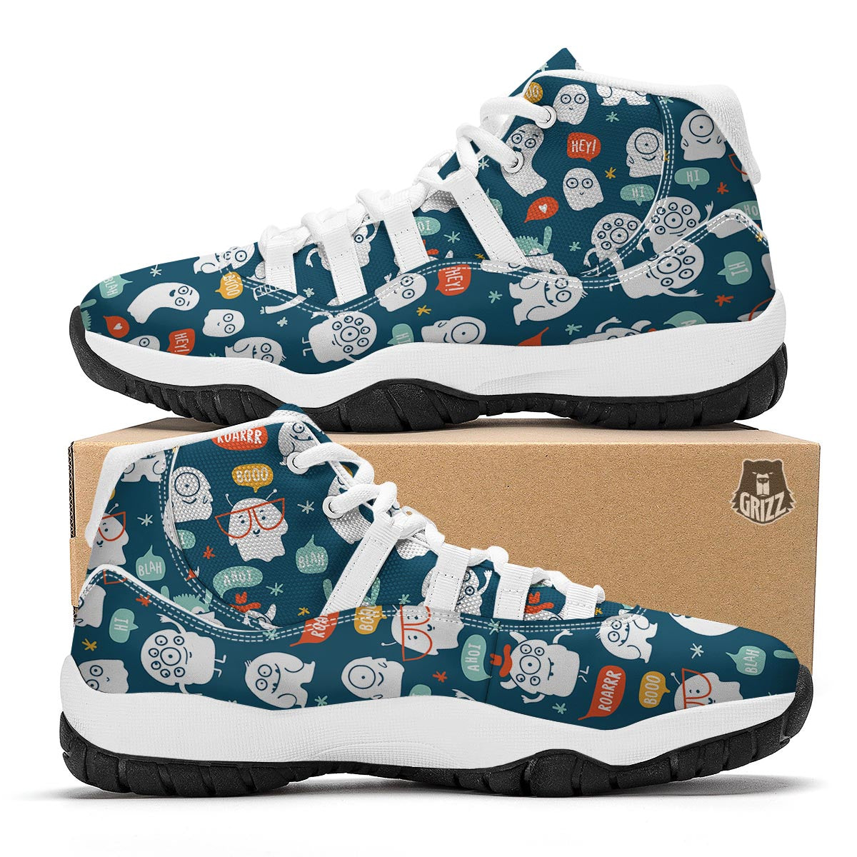 Print Pattern Monster White Bball Shoes-grizzshop