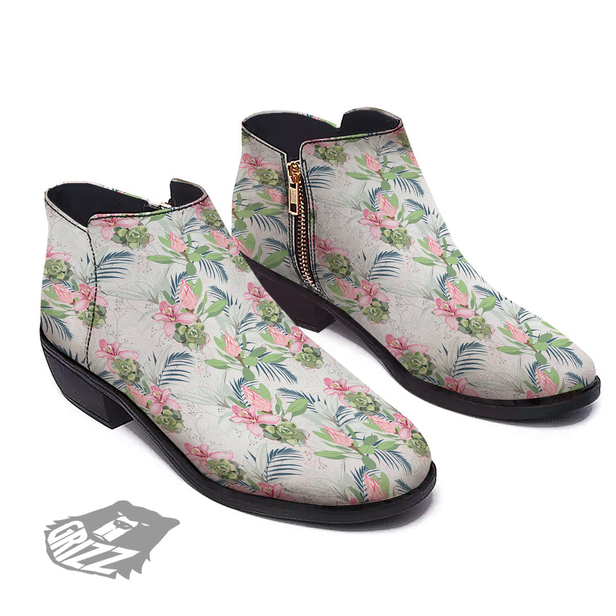 Protea Pink Print Pattern Ankle Boots-grizzshop