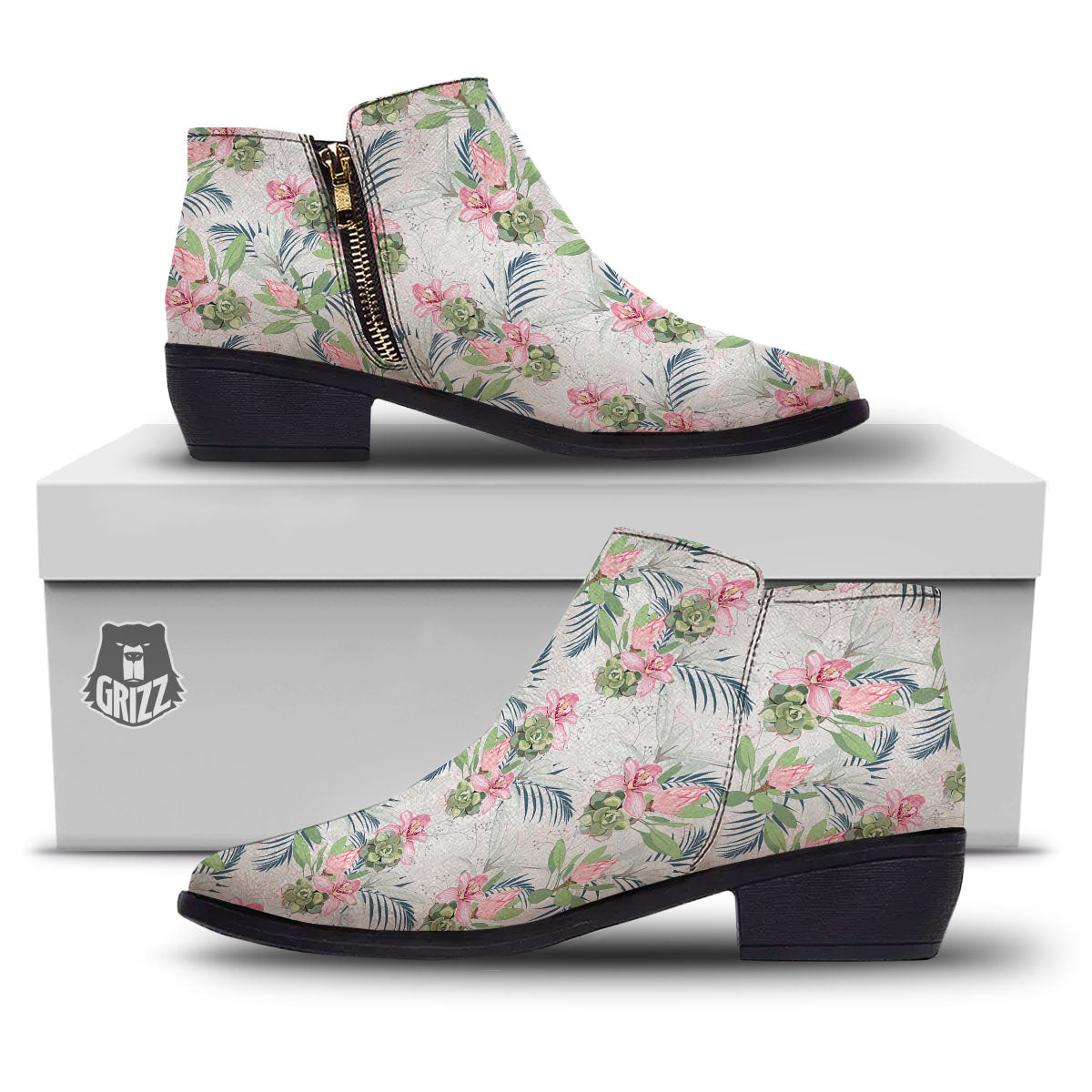 Protea Pink Print Pattern Ankle Boots-grizzshop