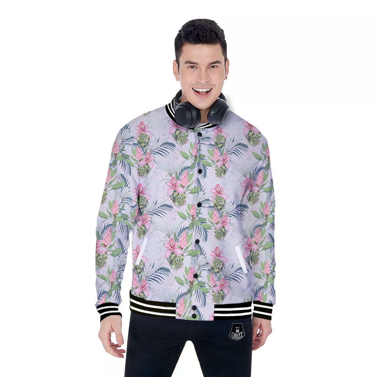 Protea Pink Print Pattern Baseball Jacket-grizzshop