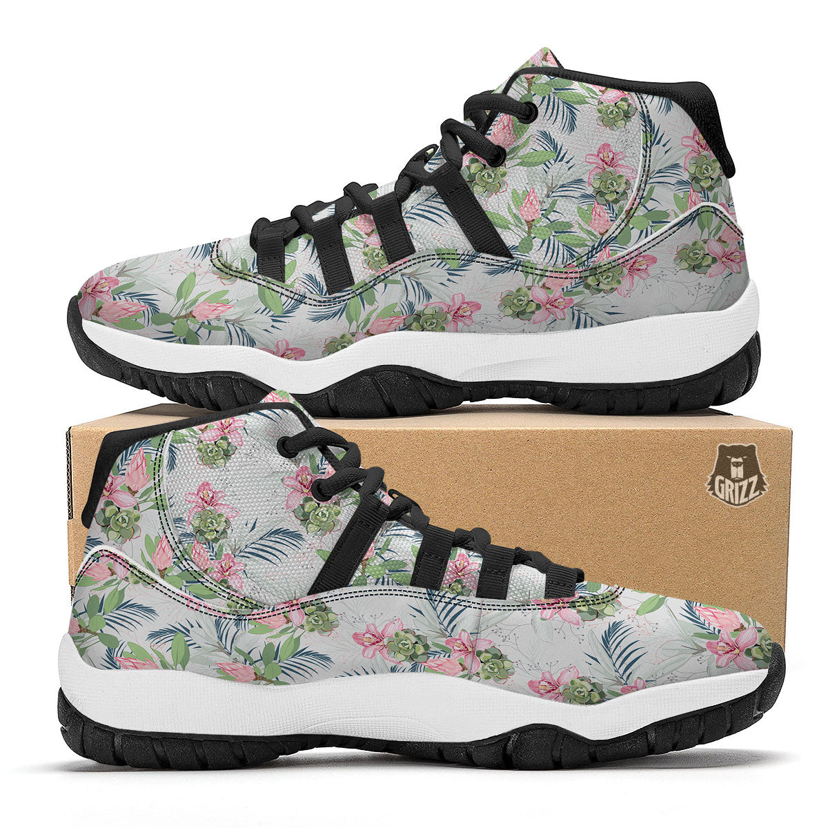 Protea Pink Print Pattern Black Bball Shoes-grizzshop