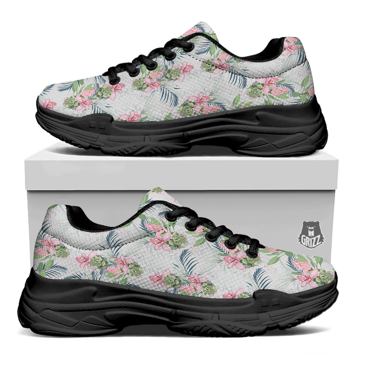 Protea Pink Print Pattern Black Chunky Shoes-grizzshop