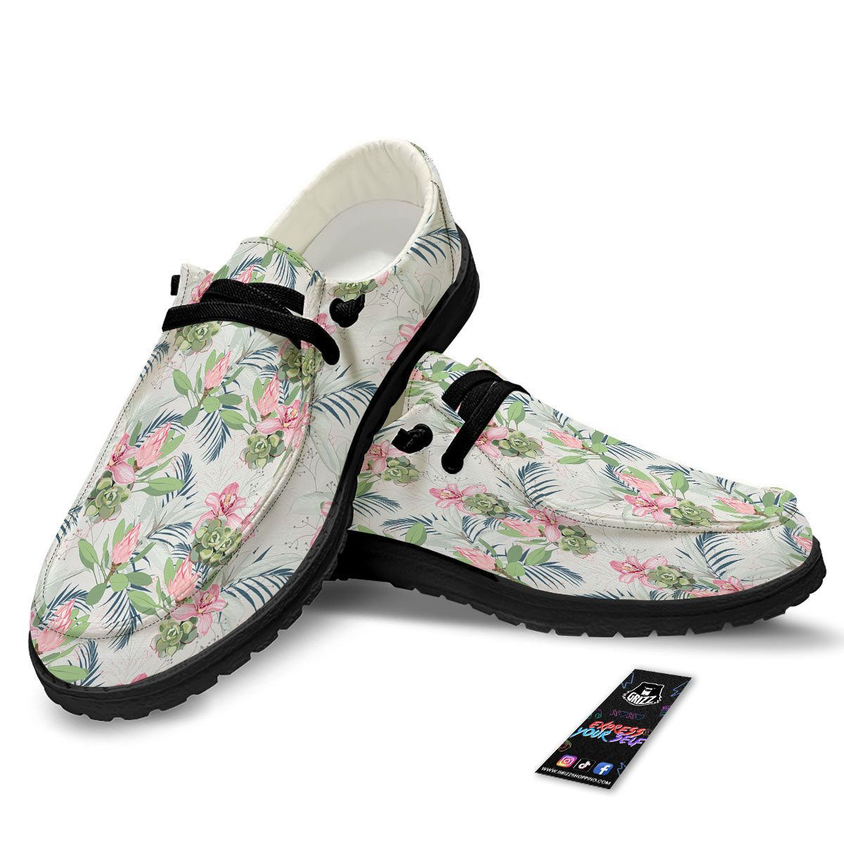 Protea Pink Print Pattern Black Loafers-grizzshop